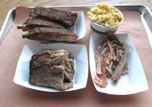 (L to R): pork ribs, brisket, mac & cheese, and pulled pork