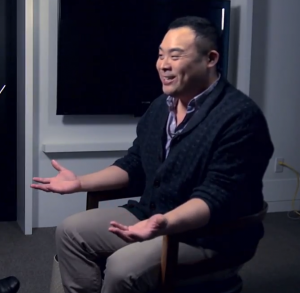 David Chang emphasizing a point with Paul Holdengraber  