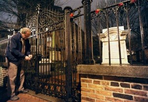 Jeff Jerome at the main gate of the Burying Ground in 2011 (photo by the AP)