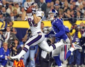 Brandon Stokley catching a touchdown pass for the Baltimore Ravens in Super Bowl XXXV  