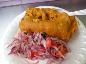 bollos de pescado (with a side of pickled red onions)