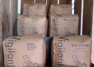 bags of Vigilante coffee on display by the front counter